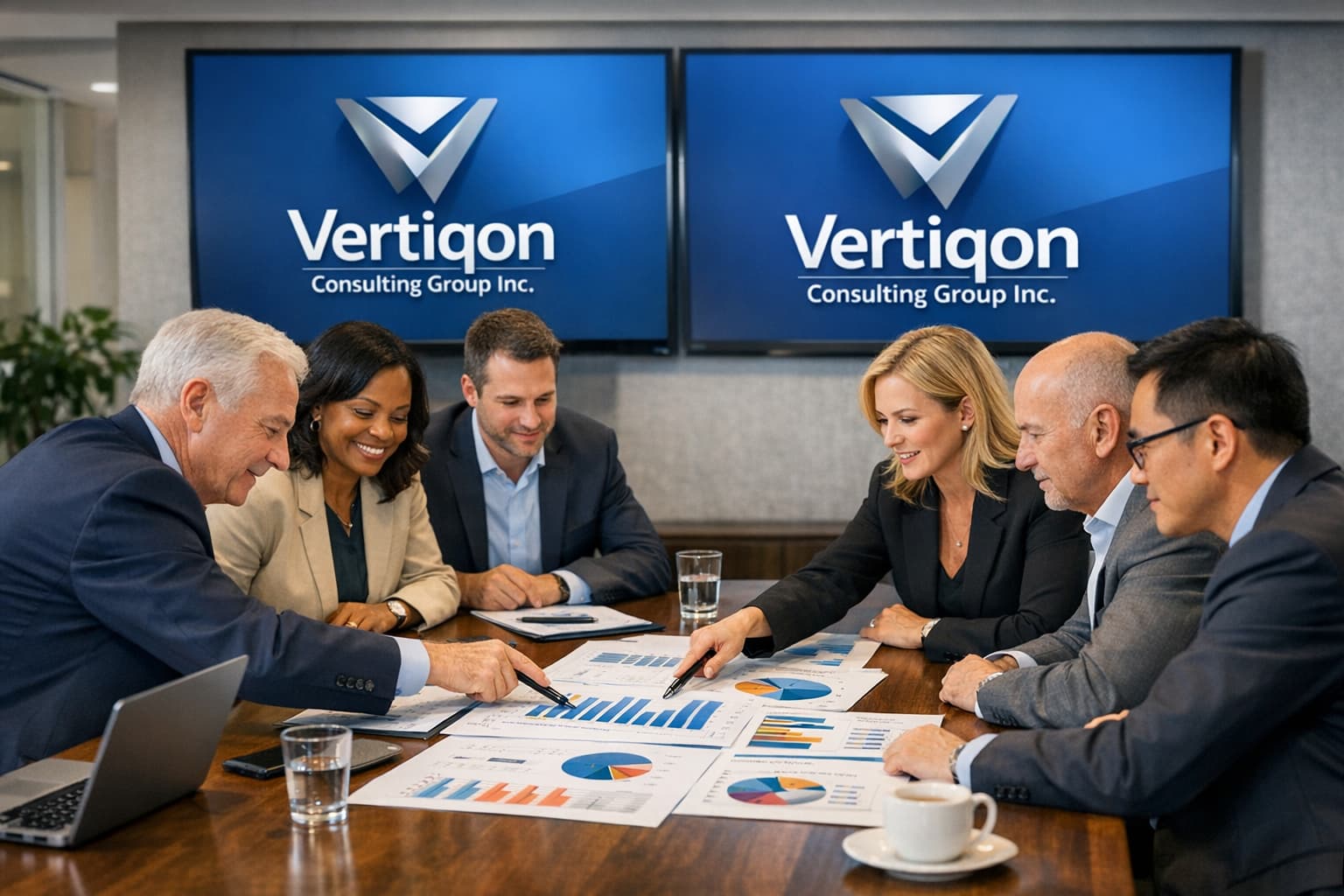 Business professionals in a meeting with Vertiqon Consulting Group Inc. logo on screens in background.