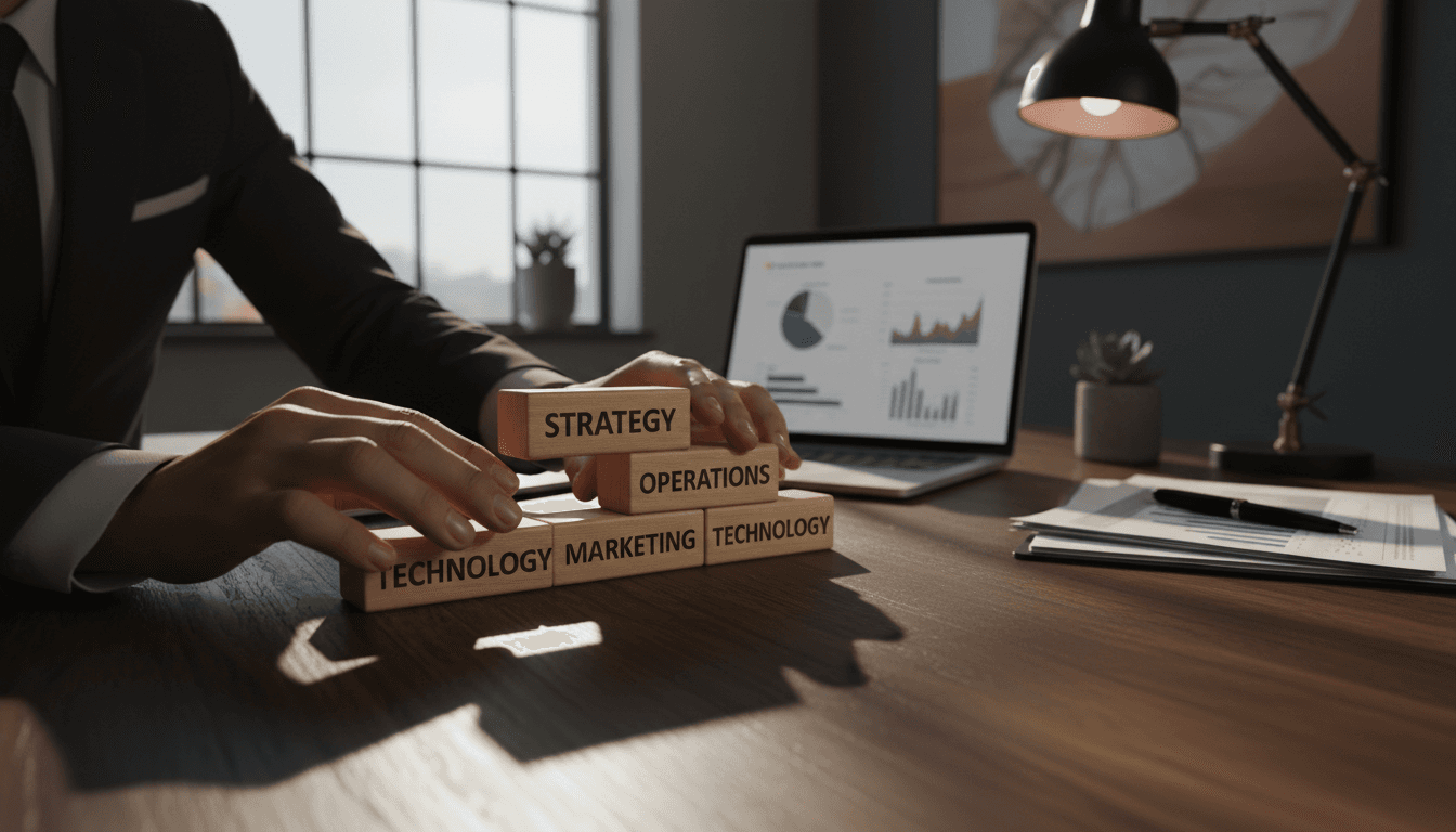 Strategic business planning with organized wooden blocks representing business structure