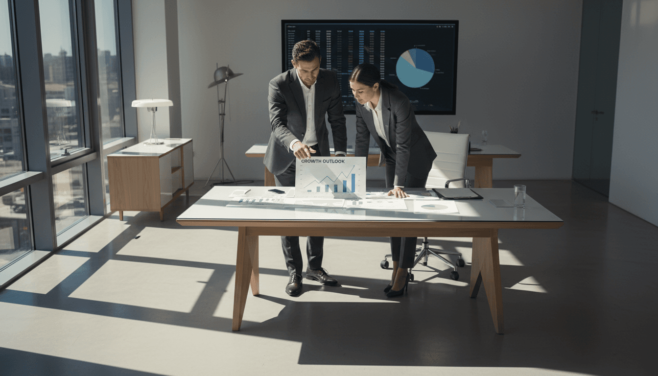 Two consultants reviewing strategic business data and growth charts in a modern Florida office