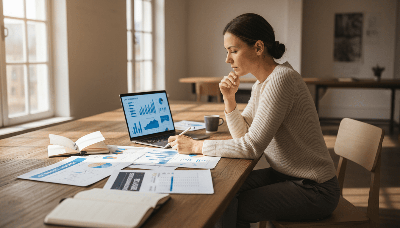Business strategist reviewing financial analysis and market data at desk