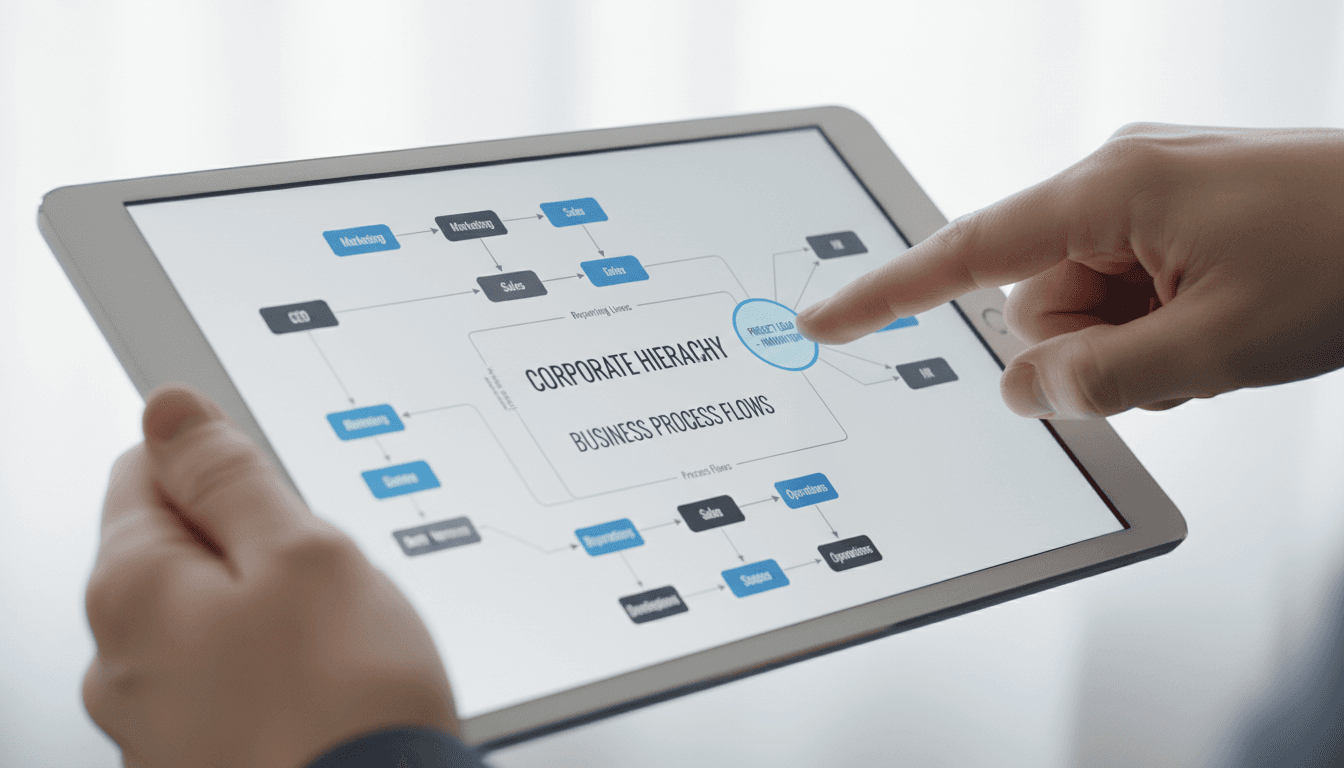 Corporate structuring and organizational planning visualization on tablet