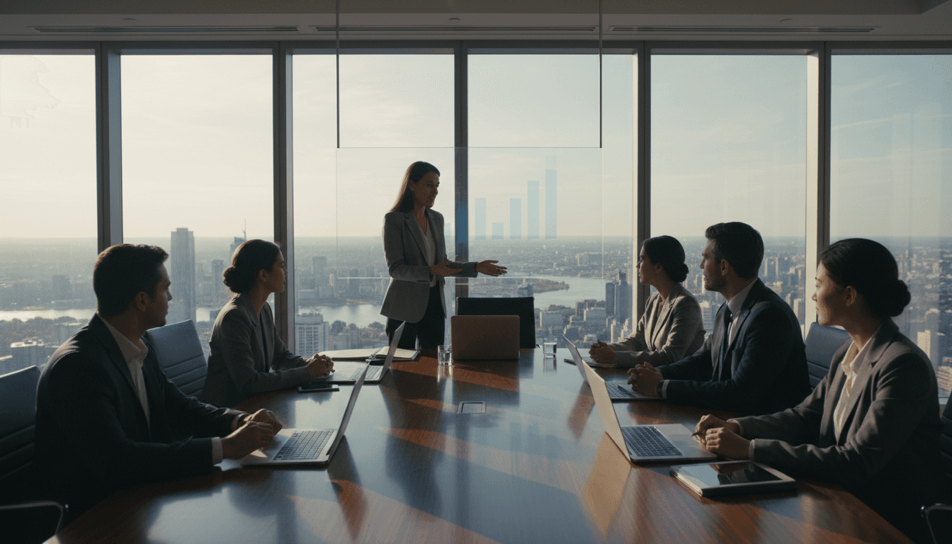 Business meeting with city skyline in the background.